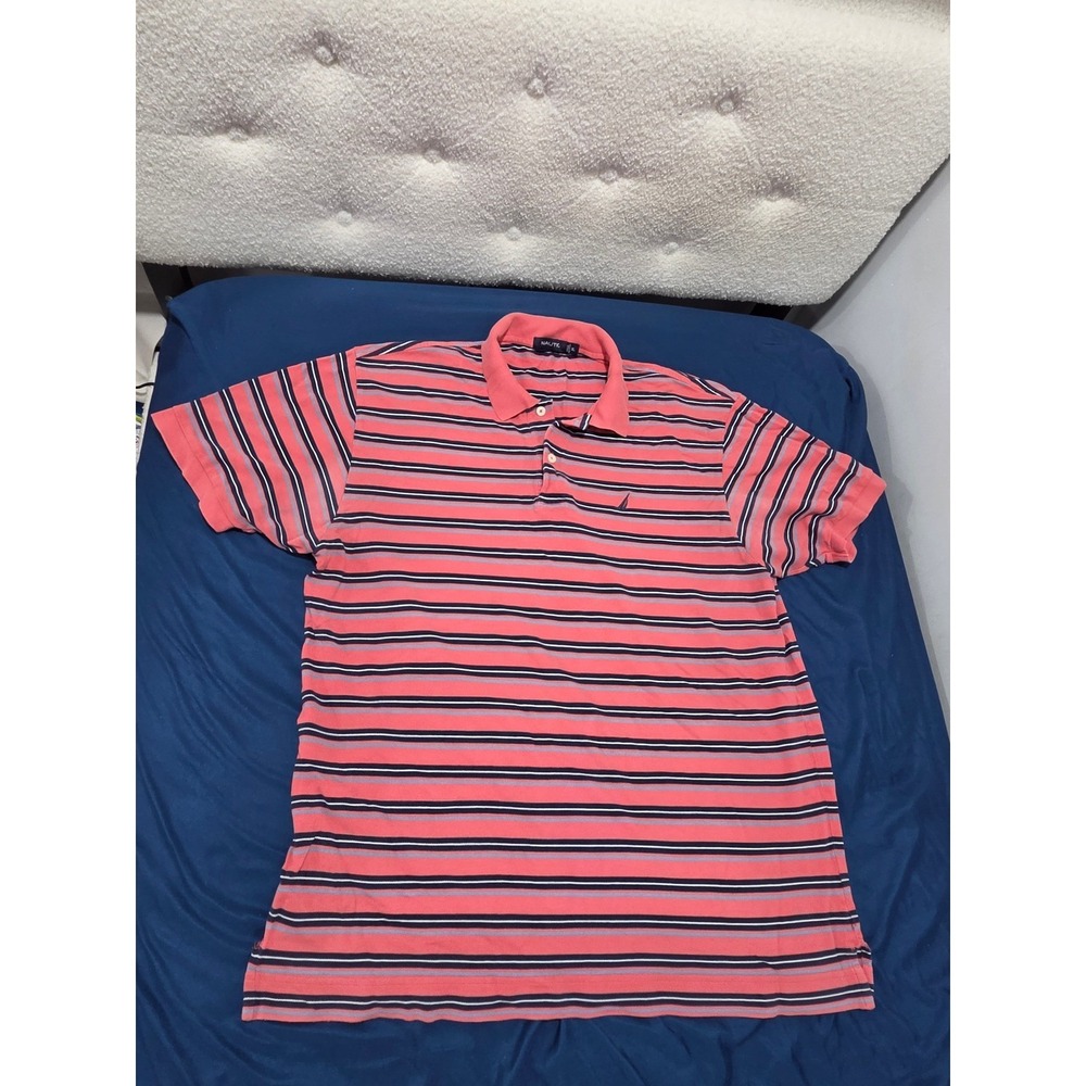 Nautica Mens XL Polo Shirt Coral Pink Navy Blue Striped Short Sleeve Cotton